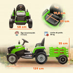 Tracteur électrique enfants avec remorque amovible, voiture électrique enfants, télécommande 2,4G, 139x58x55cm, vert