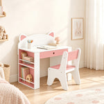 Scrivania e Sedia per Bambini 2 Pezzi, Set Tavolo per Attività, Cassetto, Libreria per Disegno, Lettura, Bianco Rosa