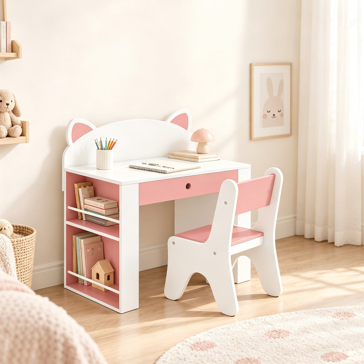 Scrivania e Sedia per Bambini 2 Pezzi, Set Tavolo per Attività, Cassetto, Libreria per Disegno, Lettura, Bianco Rosa