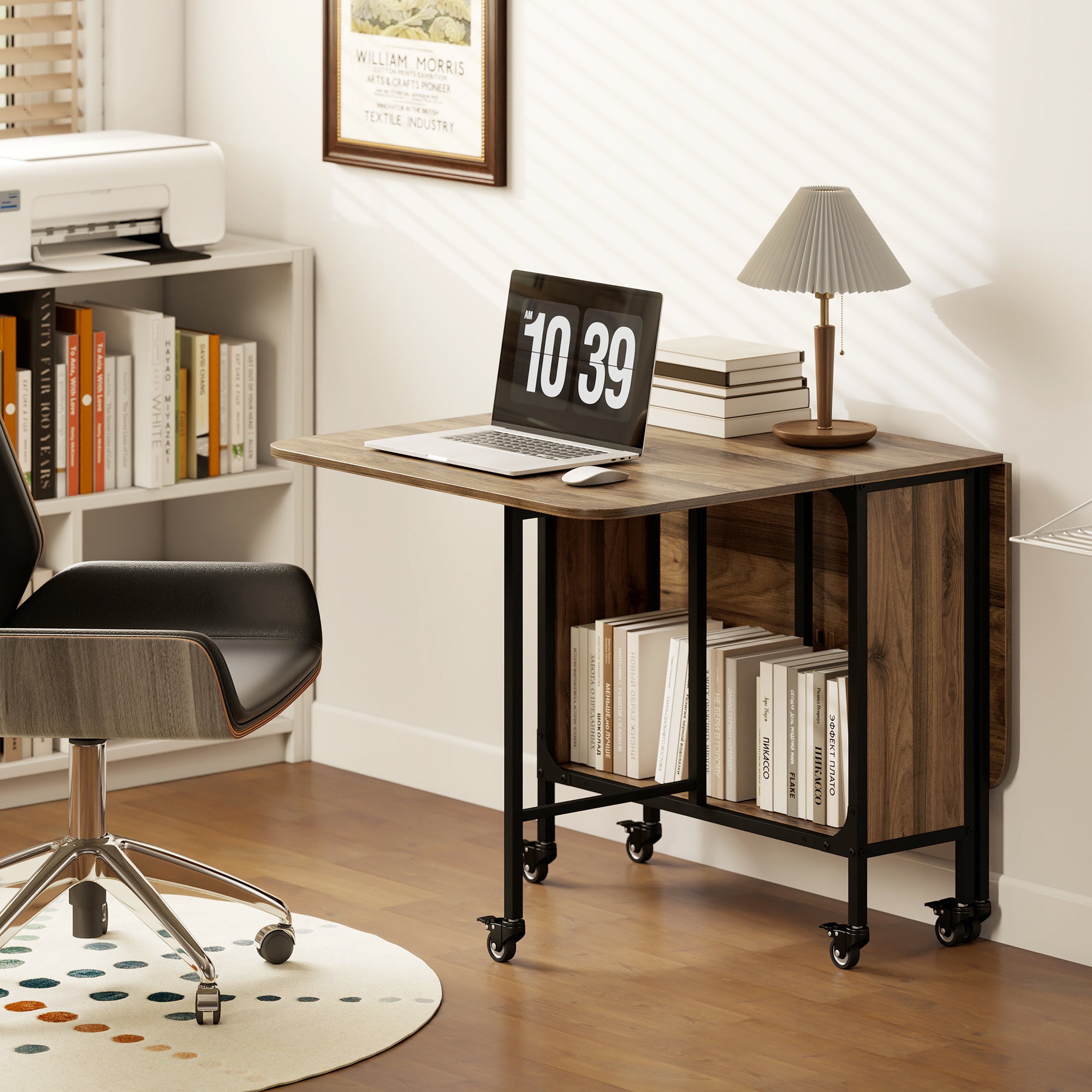 Klappbarer Esstisch auf Rollen, Küchentisch für 6 Personen mit integriertem Regal, 130 x 80 x 74 cm, Braun