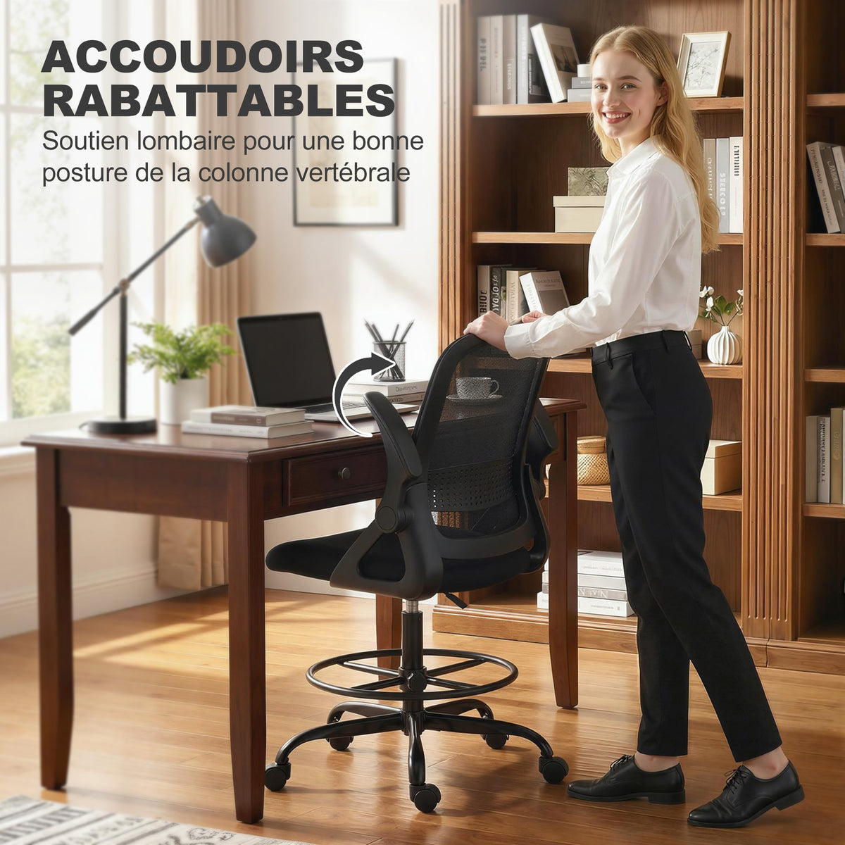 Chaise de bureau en maille, chaise d'ordinateur avec accoudoirs rabattables, hauteur réglable, repose-pieds, noir