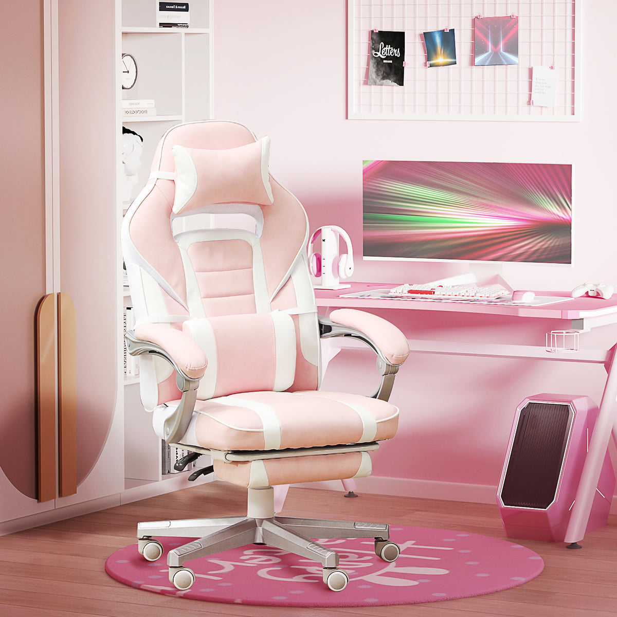 Chaise gaming, fauteuil gaming ergonomique avec repose-pieds, hauteur réglable, dossier inclinable, 63x63x123cm, rose