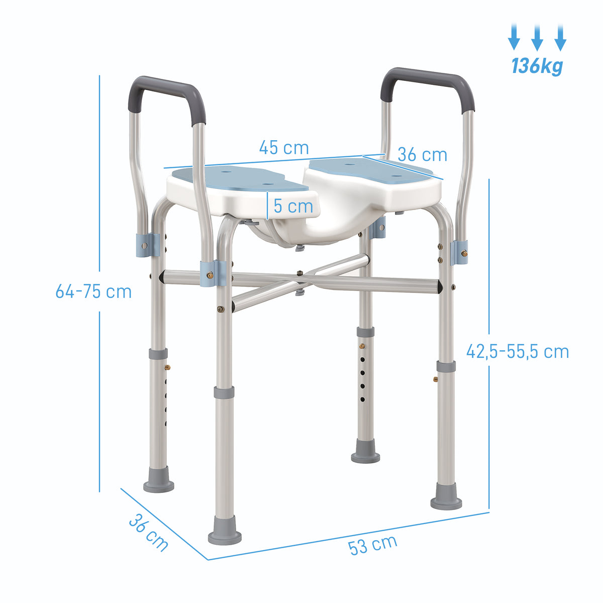 Chaise de douche avec accoudoirs siège de douche en forme U hauteur réglable anti-dérapant 53 x 36 x 64-75 cm bleu clair