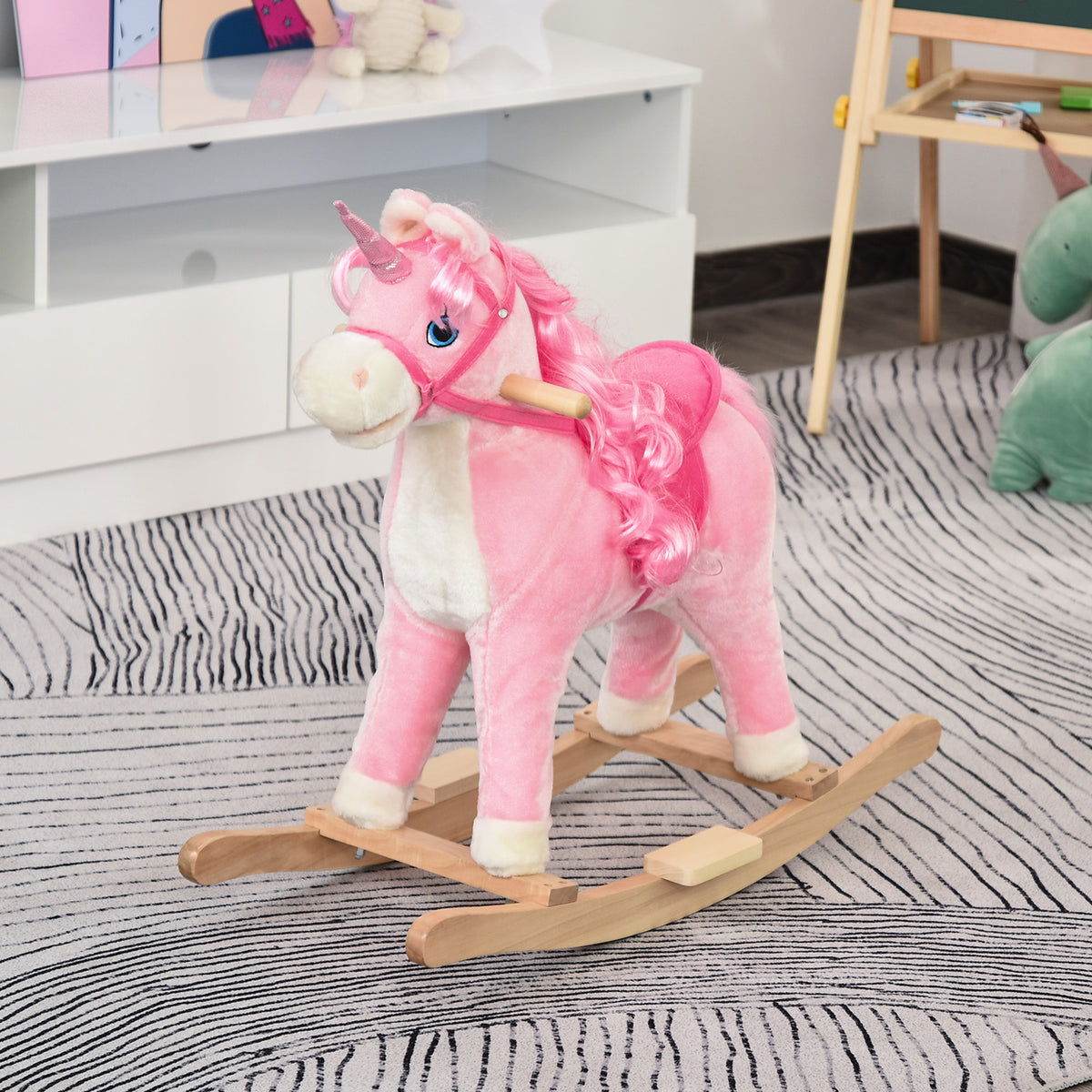 Cheval à Bascule modèle Licorne avec Sons Authentiques Selle Grand Confort Bois de peuplier Rose dim. L74 x l33 x 62H cm