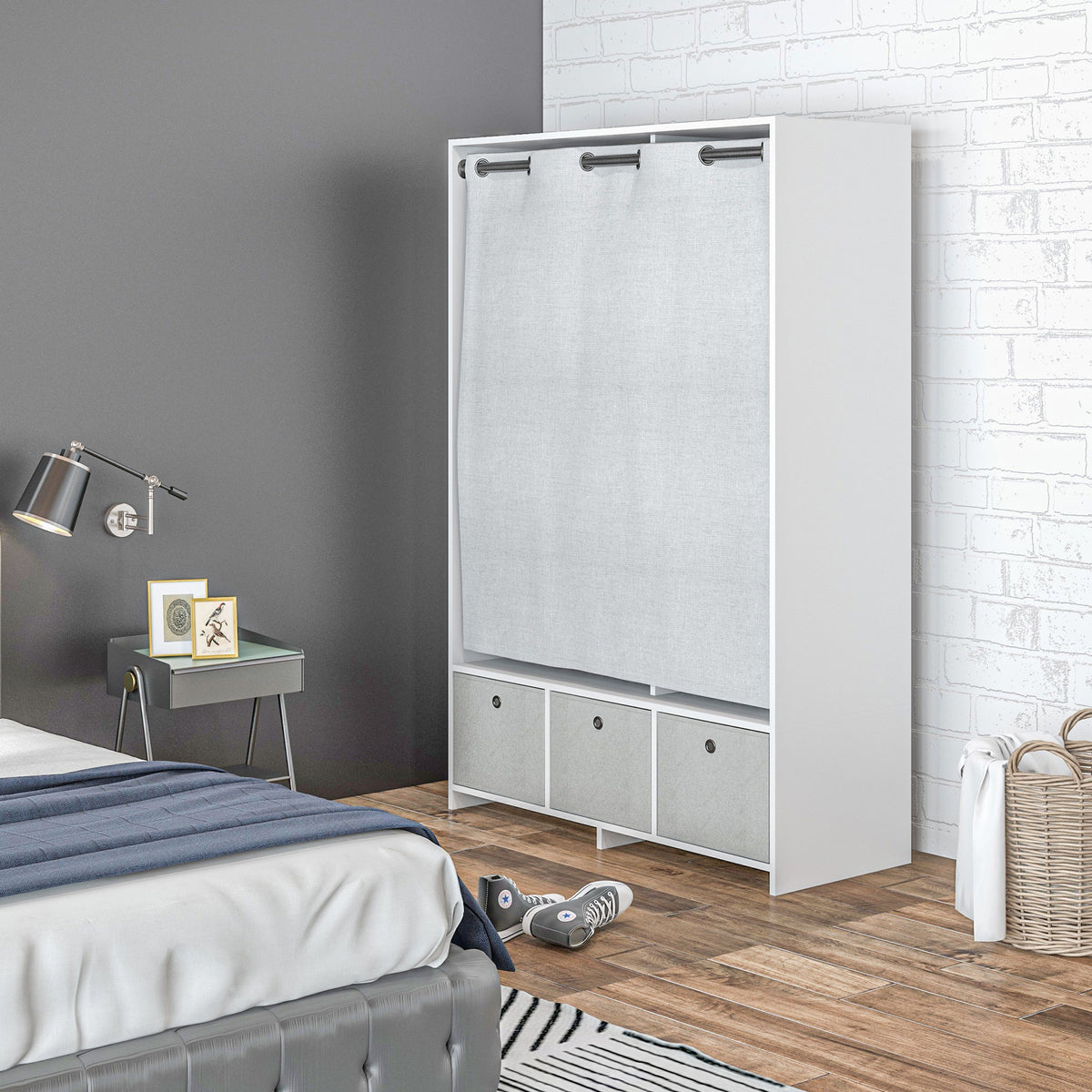 Armadio guardaroba armadio contenitore con asta appendiabiti, tende e 3 cassetti in tessuto rimovibili, 105 x 48 x 160 cm, bianco