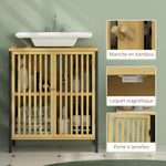 Mueble bajo lavabo de 2 puertas con estante ajustable, armario de almacenamiento para lavabo, 60 x 30 x 70 cm, MDF y bambú