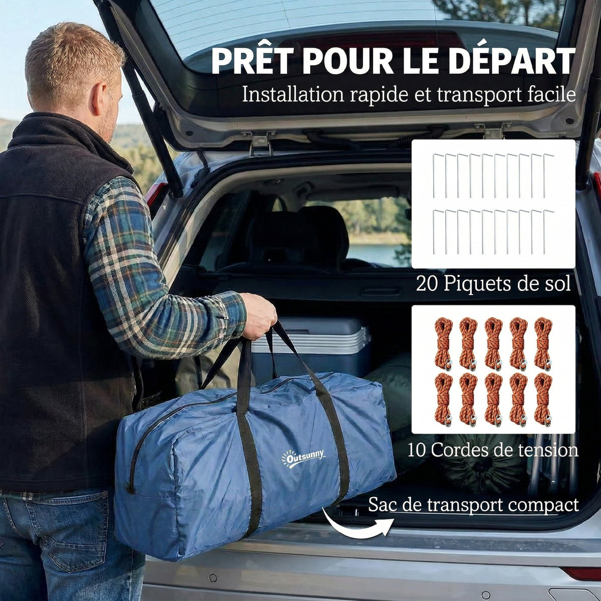 Tente de Camping Tunnel pour 4 Personnes Imperméable 3000mm Double Couche Hauteur 190cm Bleu Foncé