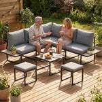 Salon de jardin extérieur 6 personnes modulable table basse et plateaux latéraux en bois PSPC coussins épais 10cm gris