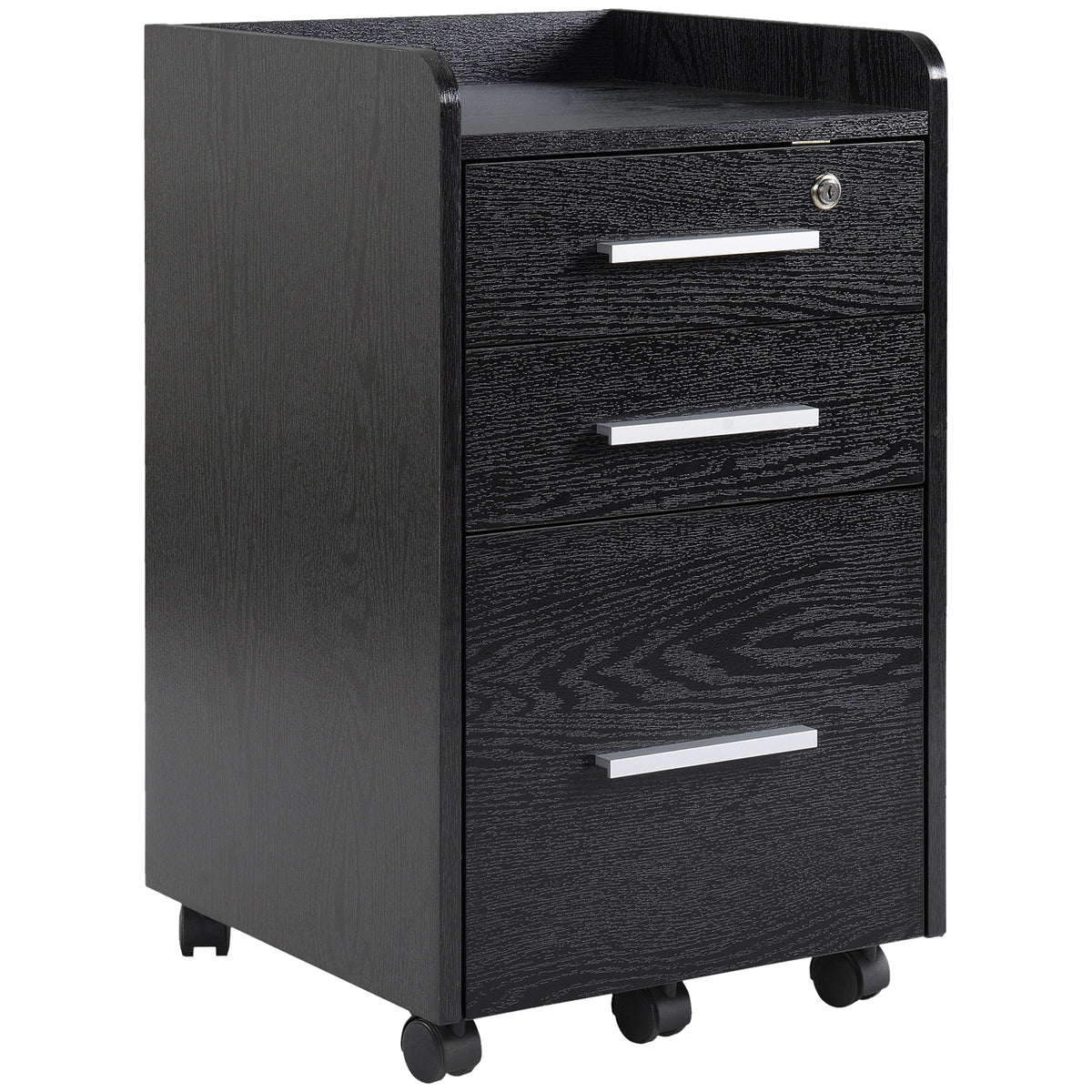 Caisson de bureau rangement bureau sur roulettes 3 tiroirs 1 verrouillable 1 trieur dossiers en bois noir