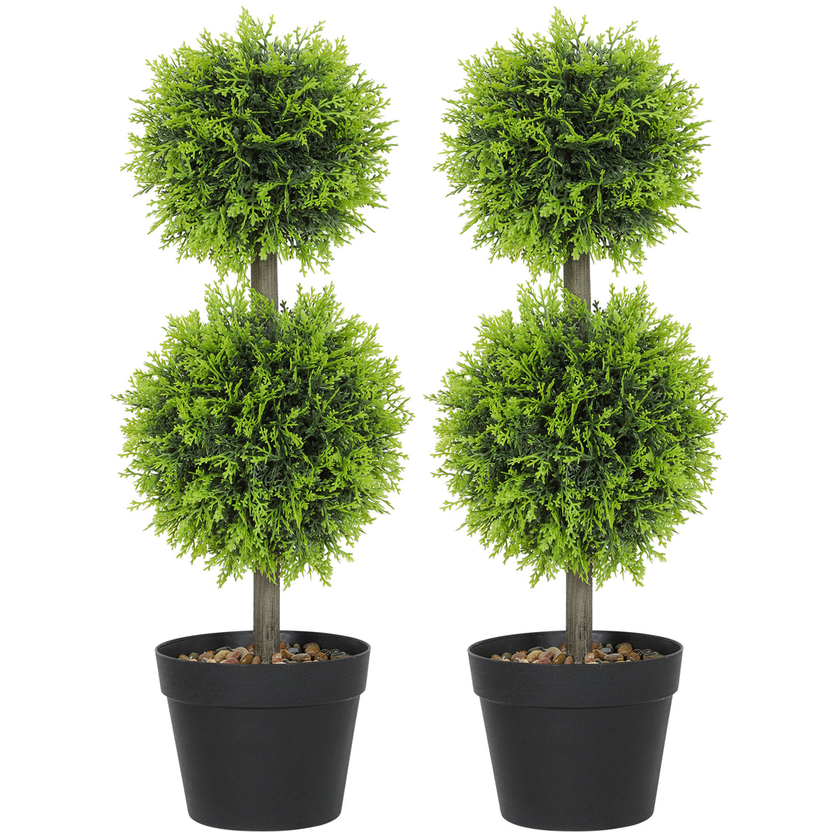 Lot de 2 plantes artificielles décoratives, boules de buis artificiel 60 cm avec pot, plastique, vert