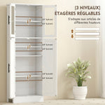 Meuble de salle de bain haut 6 niveaux, meuble de rangement avec 4 portes dont 2 vitrées et étagères réglables, blanc