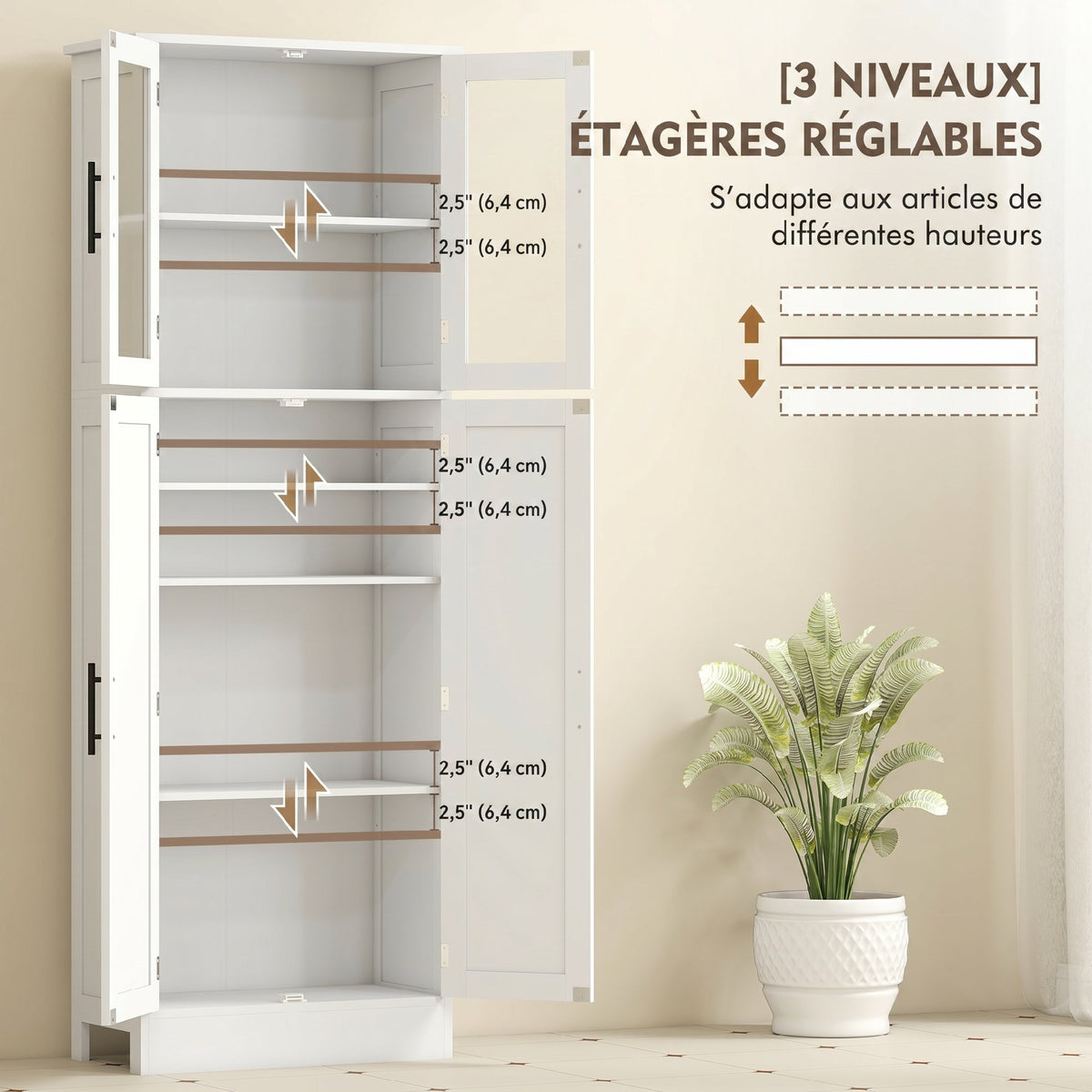 Meuble de salle de bain haut 6 niveaux, meuble de rangement avec 4 portes dont 2 vitrées et étagères réglables, blanc