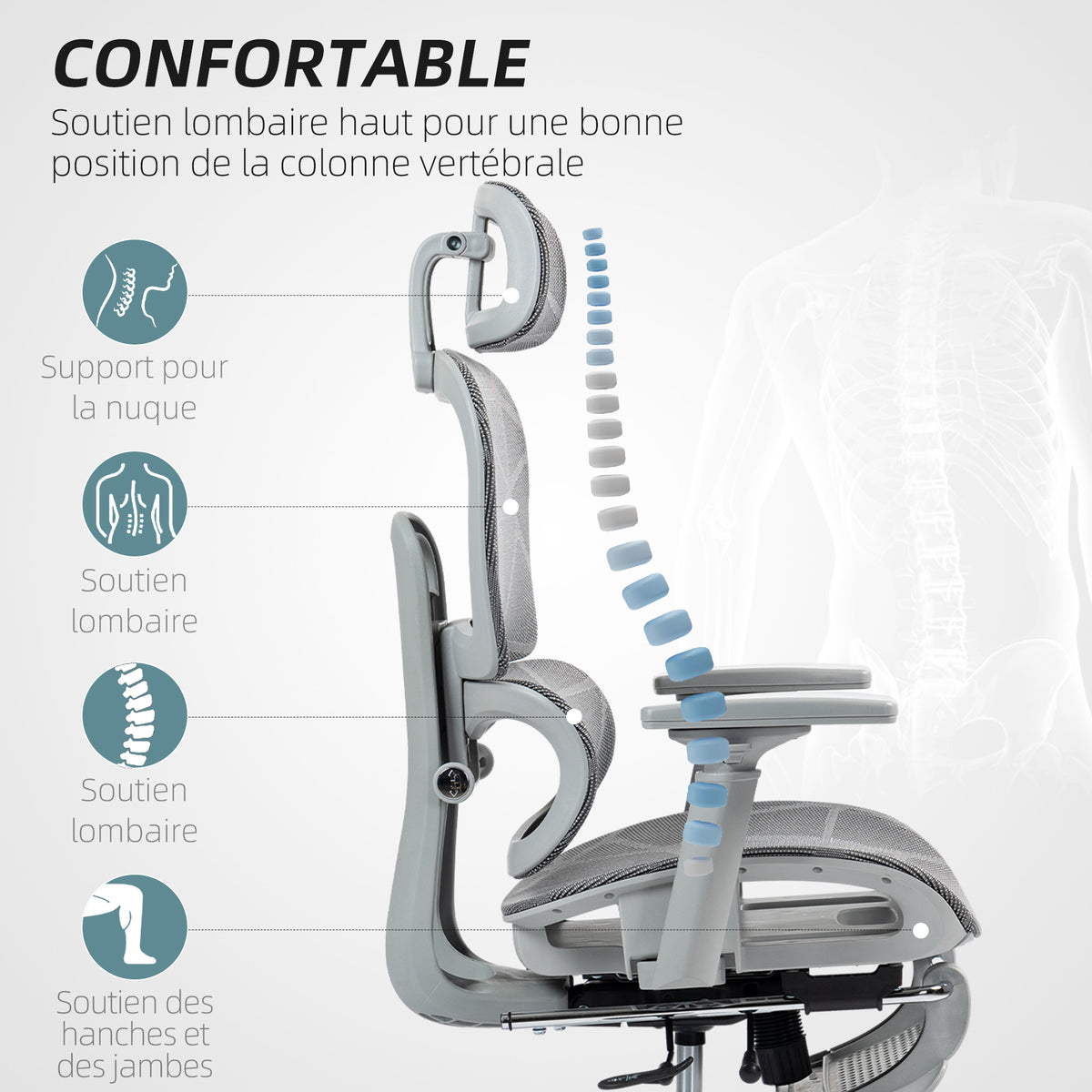 Fauteuil de bureau, chaise de bureau ergonomique en maille avec accoudoirs 3D, dossier inclinable, 66x64x122 cm, gris