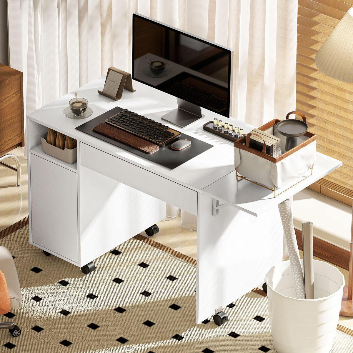 Bureau d'ordinateur sur roulettes, table informatique avec abattant, tiroir, placard et compartiment, 130 x 58 cm, blanc
