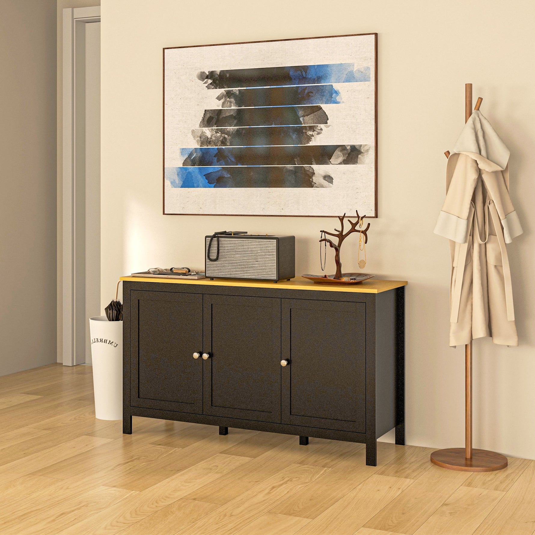 Buffet meuble de rangement avec 3 portes 2 étagères réglables plateau aspect bois clair 120 x 40 x 70 cm noir