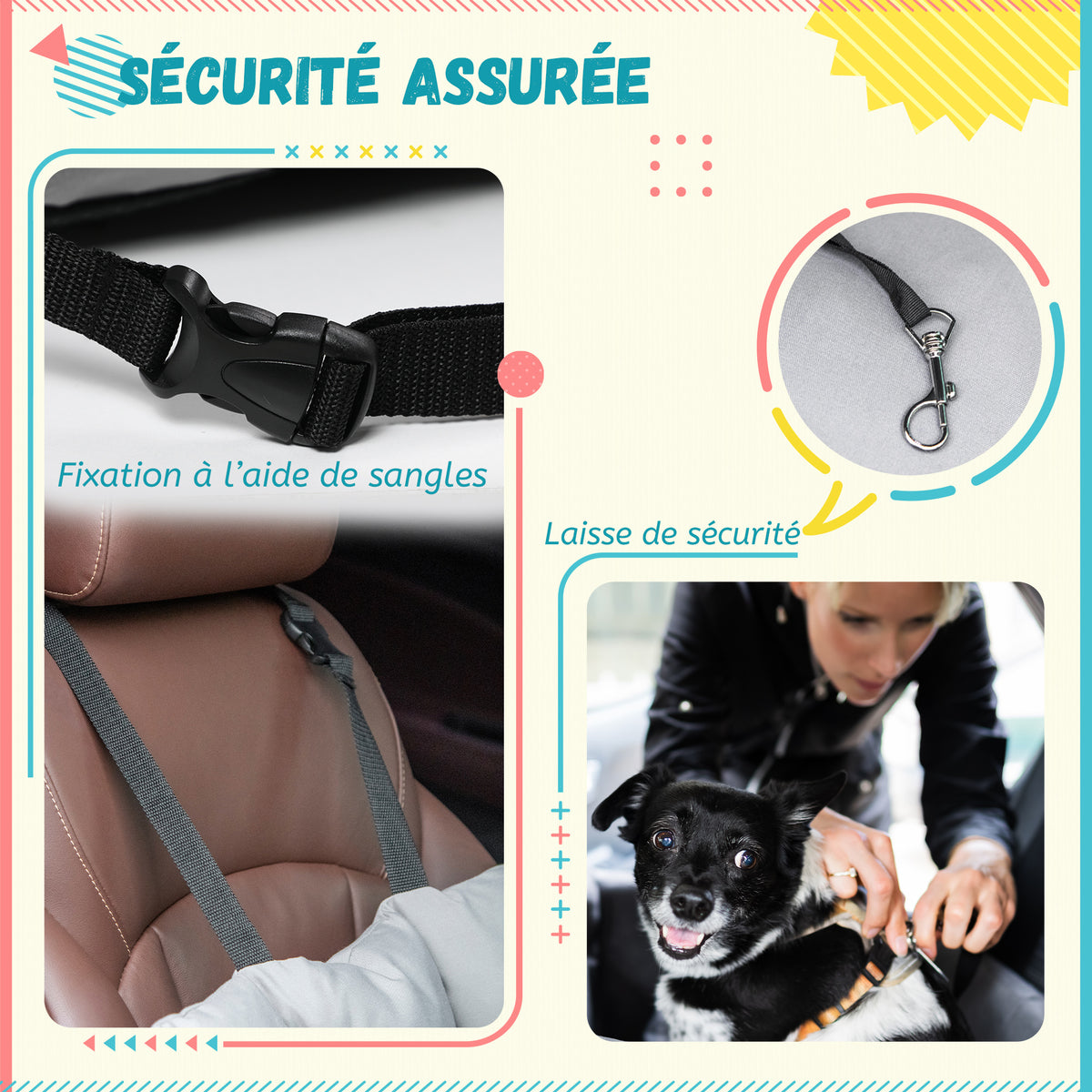Siège d'auto pour animaux de compagnie sac de transport chien et chat rembourré de coton PP épais sûr et confortable fond antidérapant 50 x 54 x 33 cm gris foncé