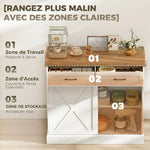 Îlot central cuisine, buffet cuisine, meuble de rangement avec 2 tiroirs 2 portes coulissantes, étagère réglable, blanc