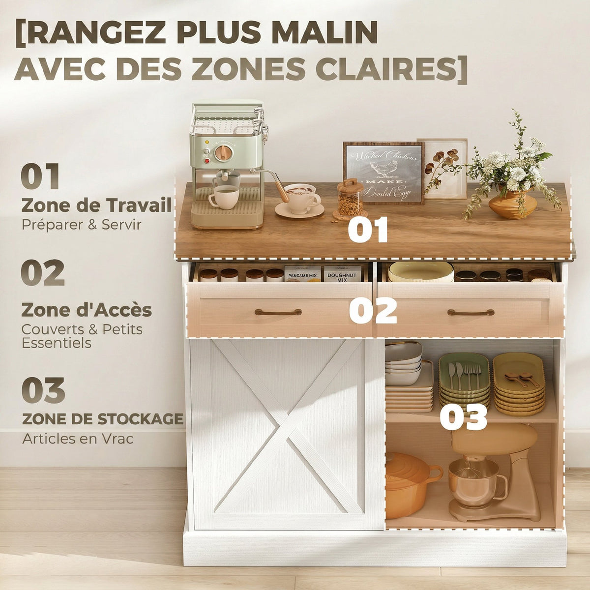 Îlot central cuisine, buffet cuisine, meuble de rangement avec 2 tiroirs 2 portes coulissantes, étagère réglable, blanc