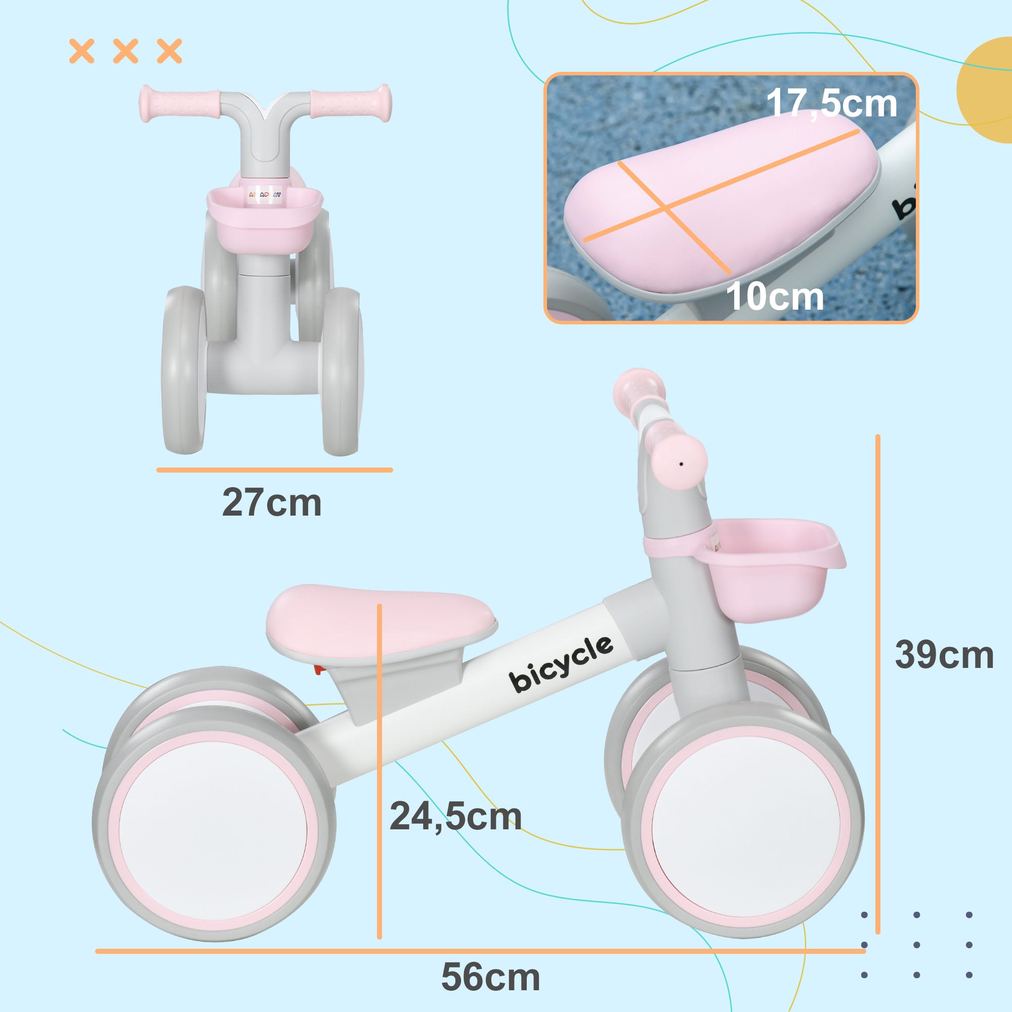 Draisienne vélo Enfant 4 roues selle réglable, guidon ergonomique alliage alu. PP, enfant 1 à 3 ans - Gris Blanc Rose