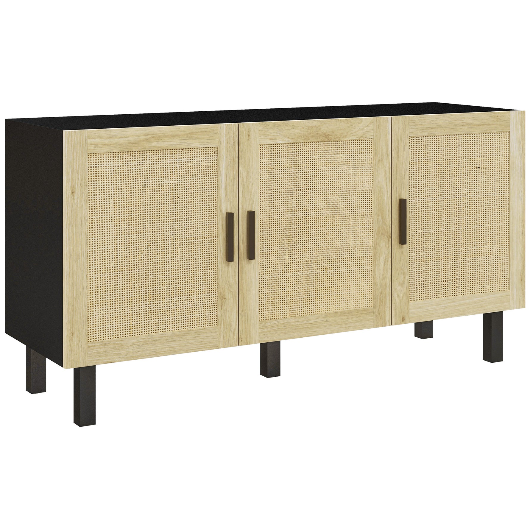 Meuble de rangement avec placards à portes effet cannage, étagères réglables, 136 x 41 x 70 cm, noir et bois naturel