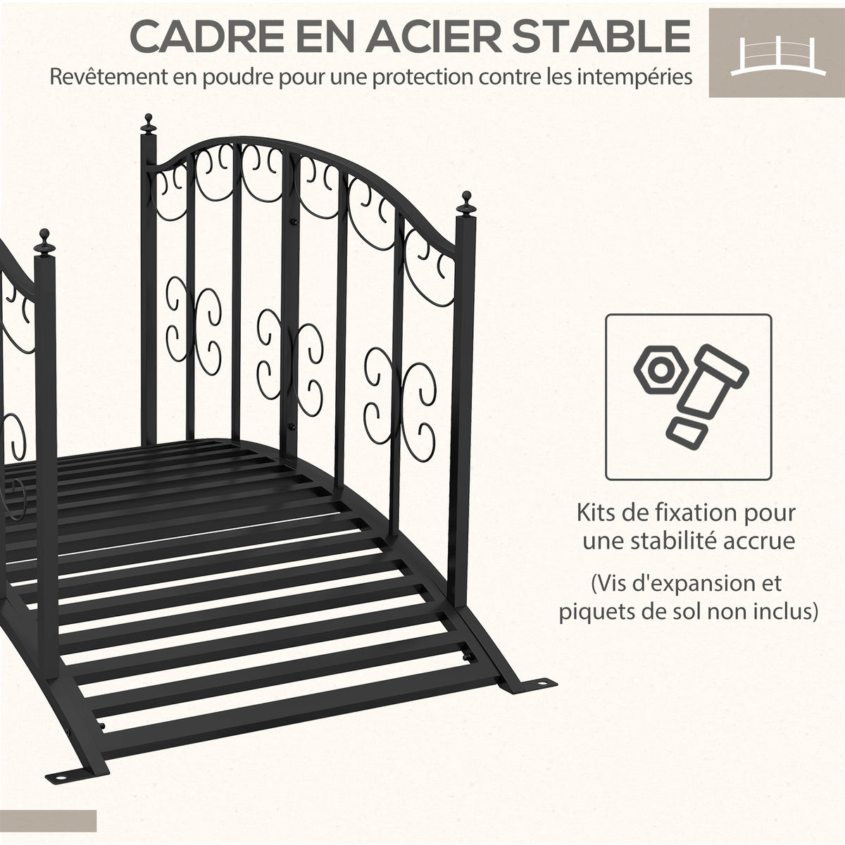 Pont de Jardin Pont en acier avec Garde-corps latéraux, Charge Maximale 120 KG, décoration Jardin, 119 x 67 x 70 cm noir