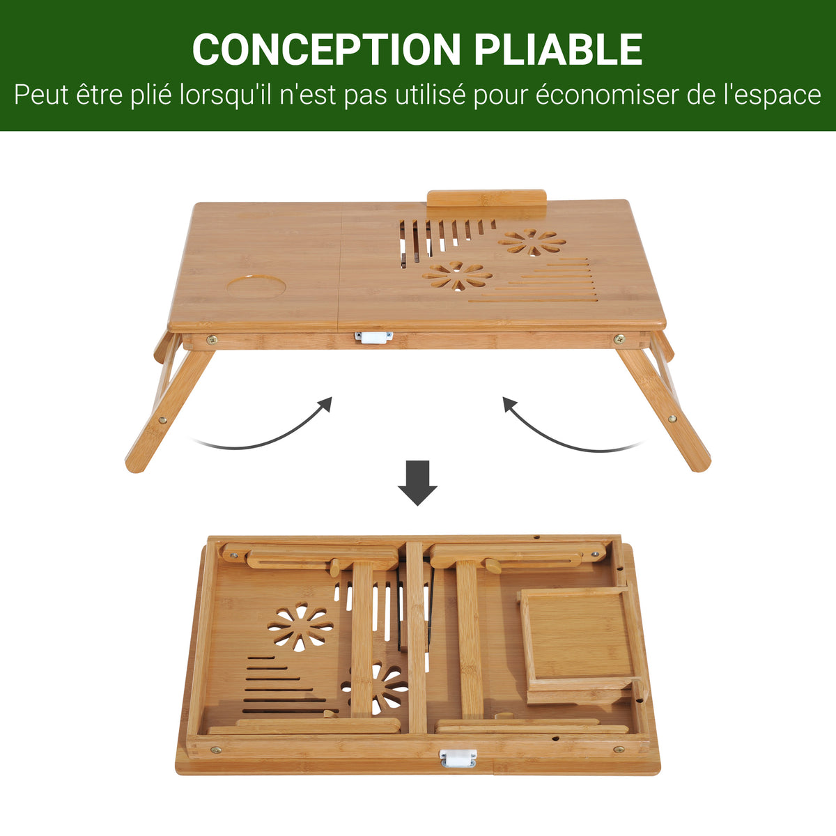 Table de lit plateau pour ordinateur en bois de bambou plateau inclinable pliable réglable en hauteur naturel