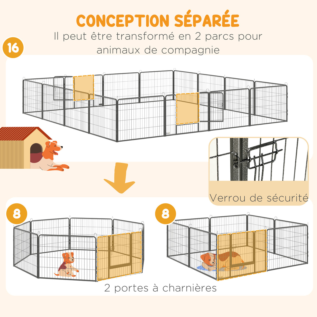 Parc pour chien, enclos chien 16 panneaux modulable et pliable, portable en acier avec portes 80 x 60 gris
