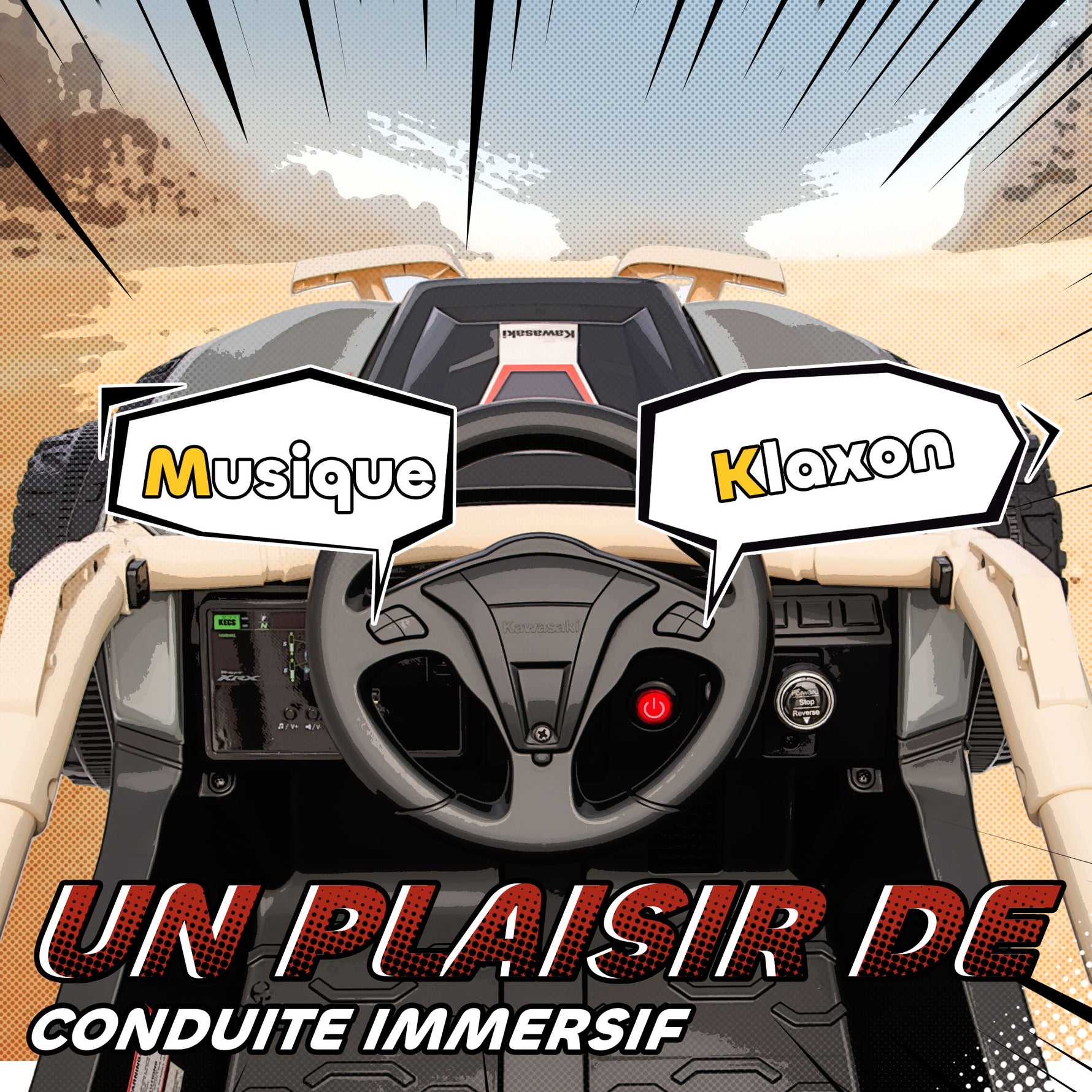 Voiture électrique enfant UTV KAWASAKI TERYX KRX 1000 12 V à 2 moteurs 25 W télécommande 2,4 Ghz 100 x 64 x 56 cm jaune