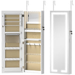 Armoire à bijoux avec LED, organisateur de bijoux mural/de porte verrouillable avec miroir, 37 x 10,5 x 108 cm, blanc