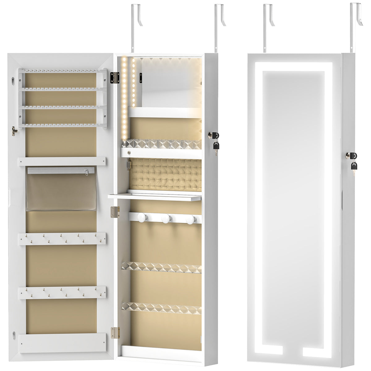 Armoire à bijoux avec LED, organisateur de bijoux mural/de porte verrouillable avec miroir, 37 x 10,5 x 108 cm, blanc