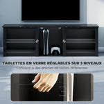 Meuble TV avec éclairage LED pour télévision jusqu'à 70 pouces, 160cm avec étagères en verre réglables, noir