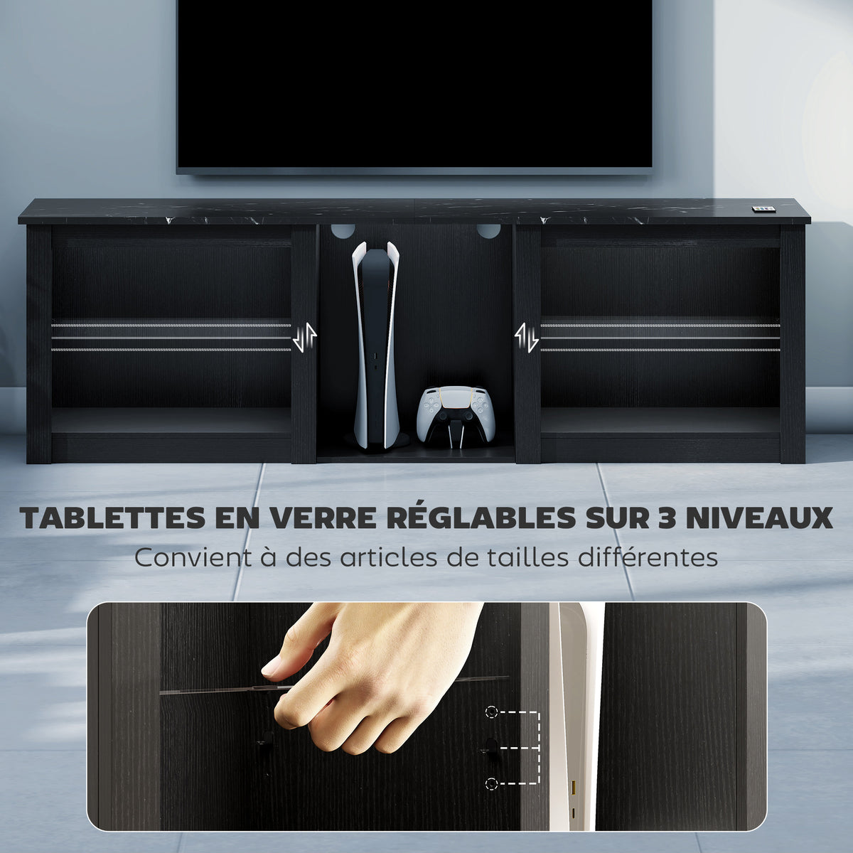 Meuble TV avec éclairage LED pour télévision jusqu'à 70 pouces, 160cm avec étagères en verre réglables, noir