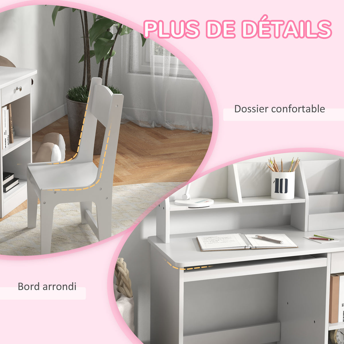 Bureau enfant avec chaise ergonomique avec clavier coulissant tiroir niches et étagères ouvertes 90 x 45 x 90 cm blanc
