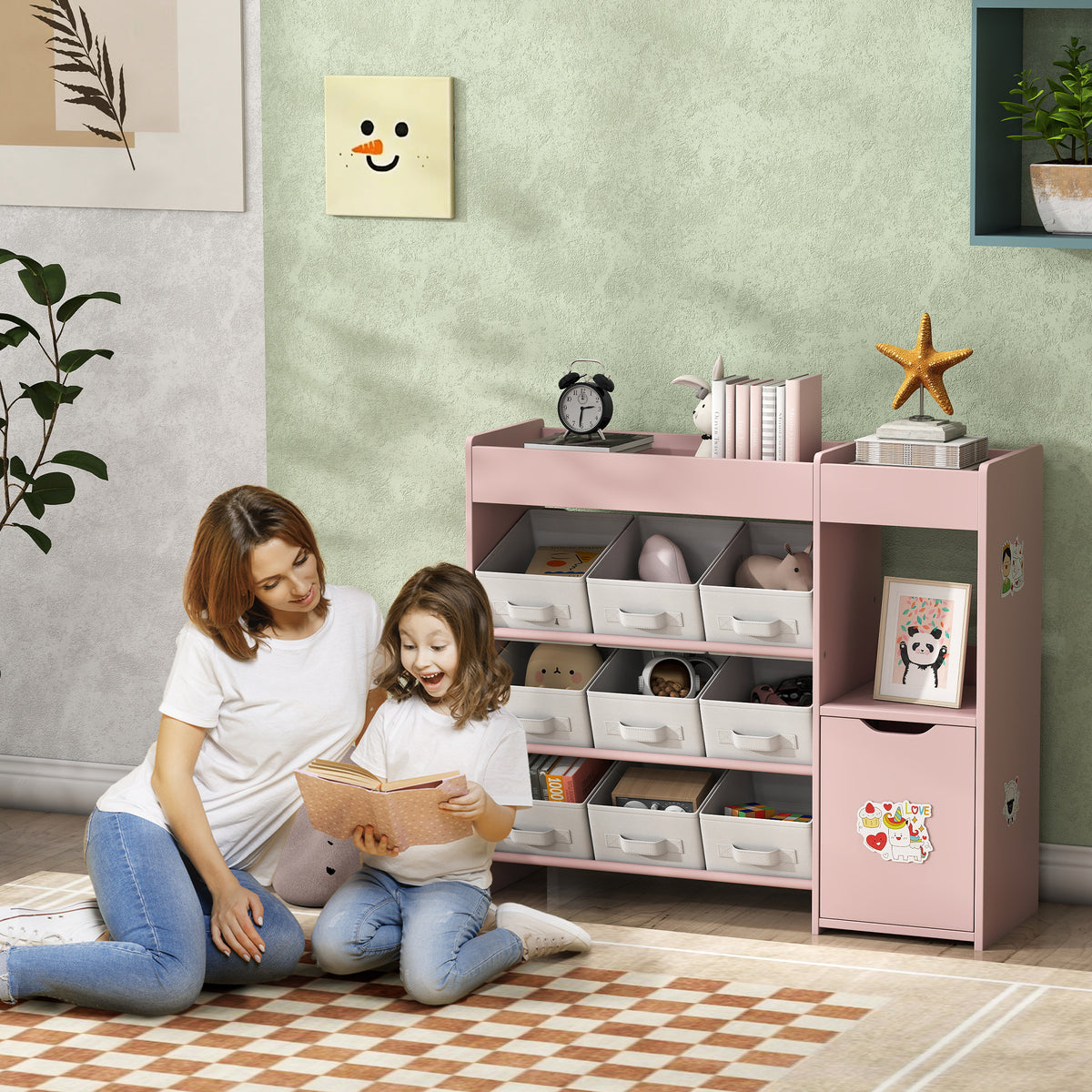 Mobile contenitore per bambini, scaffale portaoggetti per giocattoli con 9 cassetti in tessuto e armadietto, rosa