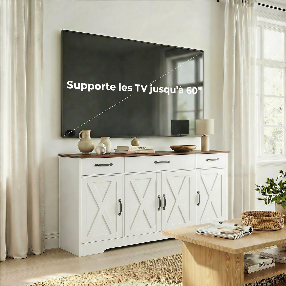 Credenza, mobile da cucina stile rustico con 4 ante a granaio, 3 cassetti, ripiani regolabili, bianco