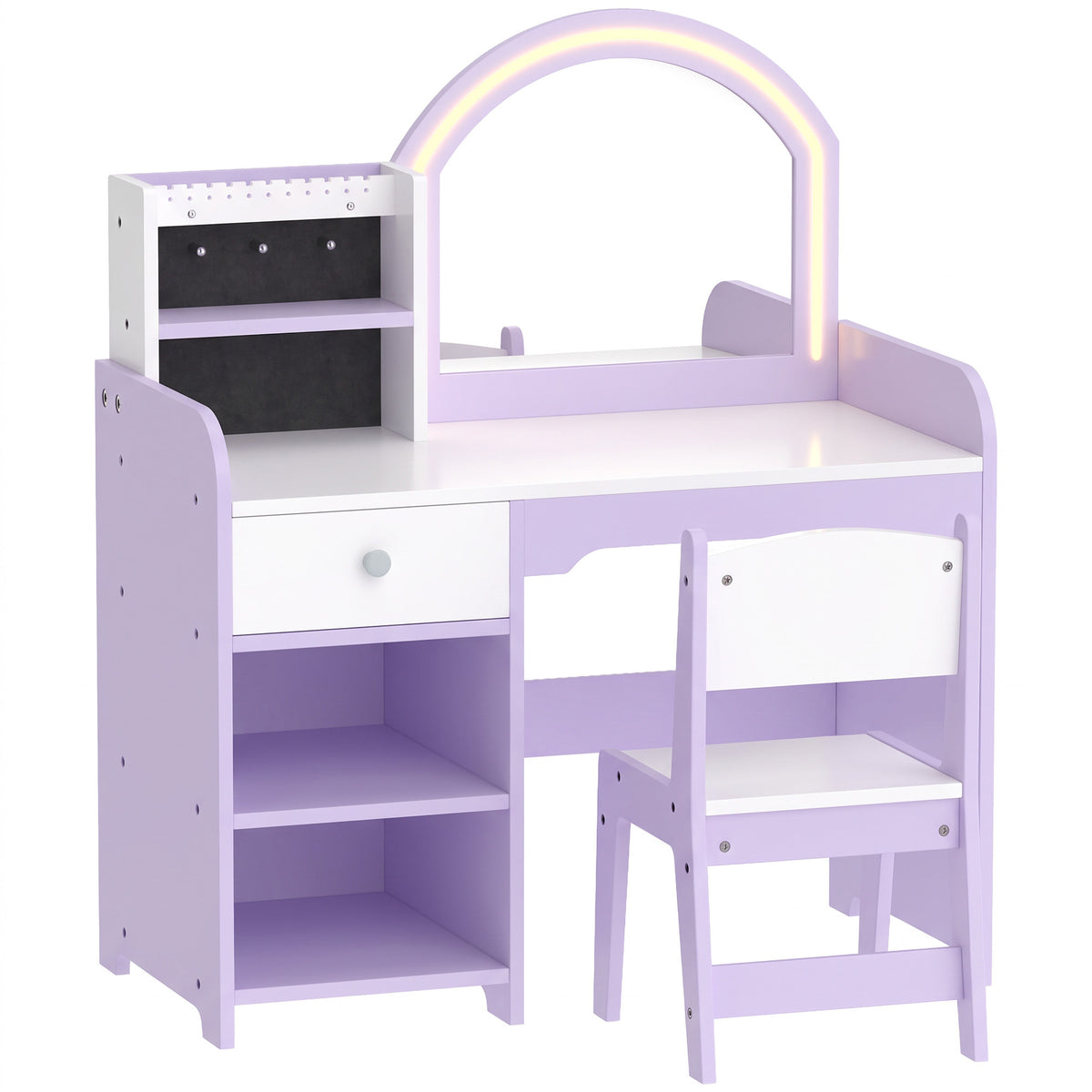 Coiffeuse pour Enfants avec Tabouret et Miroir en Acrylique à Éclairage Bicolore Coiffeuse Bureau Fille 3-8 Ans Violet