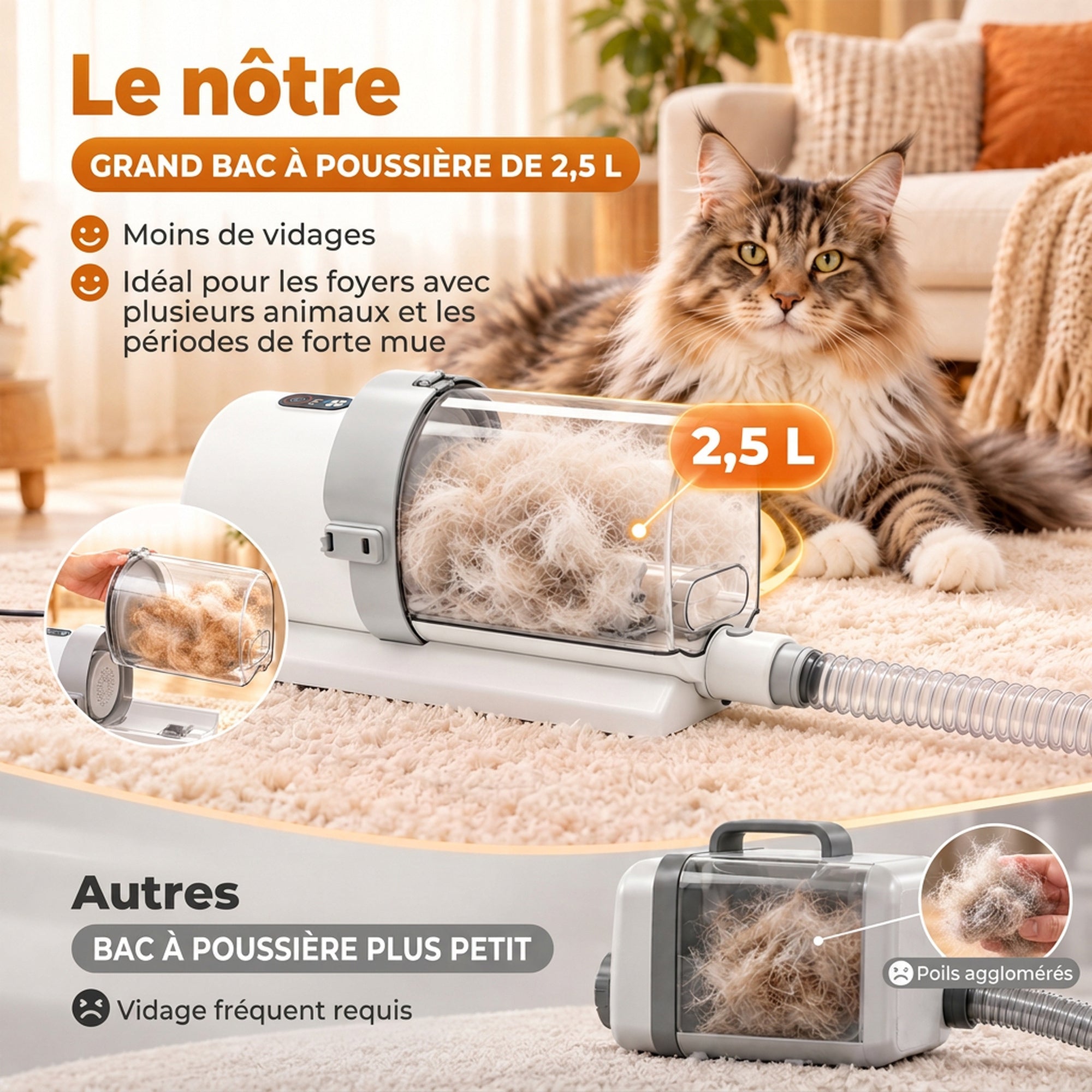 Aspirapolvere per toelettatura cani e gatti 5 in 1, tosatrice con aspirazione potente 10kPa, contenitore grande 2,5L, bassa rumorosità ≤65dB, bianco