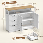 Credenza da cucina, mobile contenitore con 3 cassetti, 2 ante stile rustico, piano di lavoro e scomparto aperto, bianco