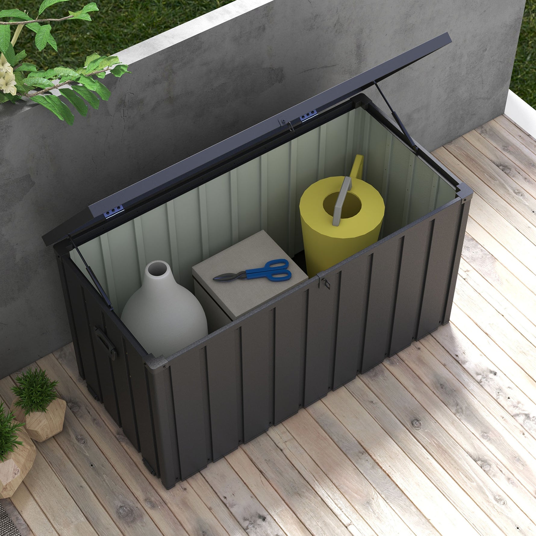 Coffre de rangement pour jardin 450L en métal avec vérin à gaz, roulettes et poignée - dim. 125,5L x 61,5l x 70H cm