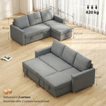 Canapé d'angle convertible canapé lit canapé 3 places modulable avec méridienne réversible, coffre de rangement intégré et 3 coussins de dossier, tissu aspect lin, gris