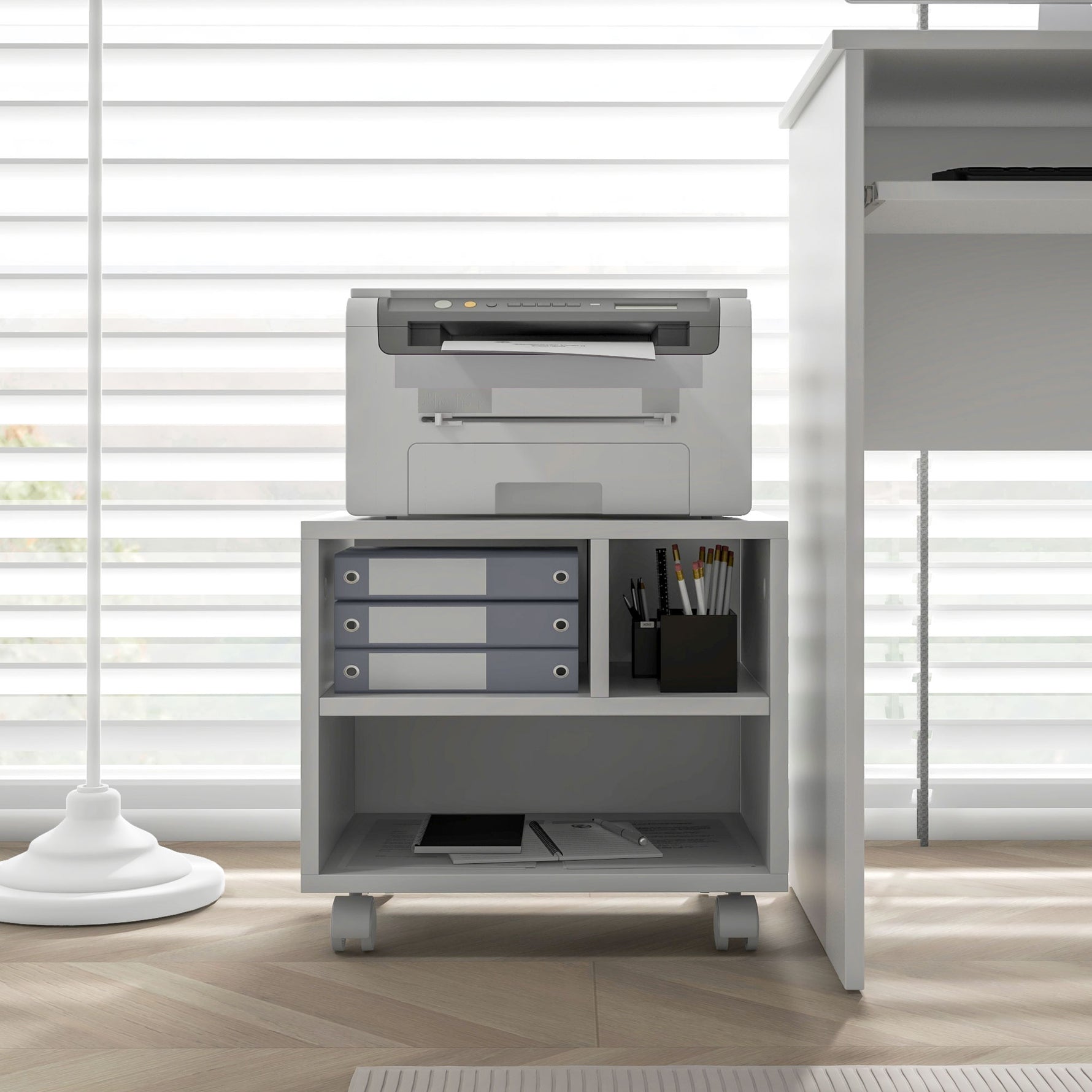 Support d'imprimante meuble de rangement bureau caisson 4 compartiments ouverts 40L x 30l x 36H cm blanc