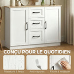 Buffet salon, meuble de rangement avec 2 portes à fermeture douce et 3 tiroirs, 110x35x80,4cm, blanc et bois naturel
