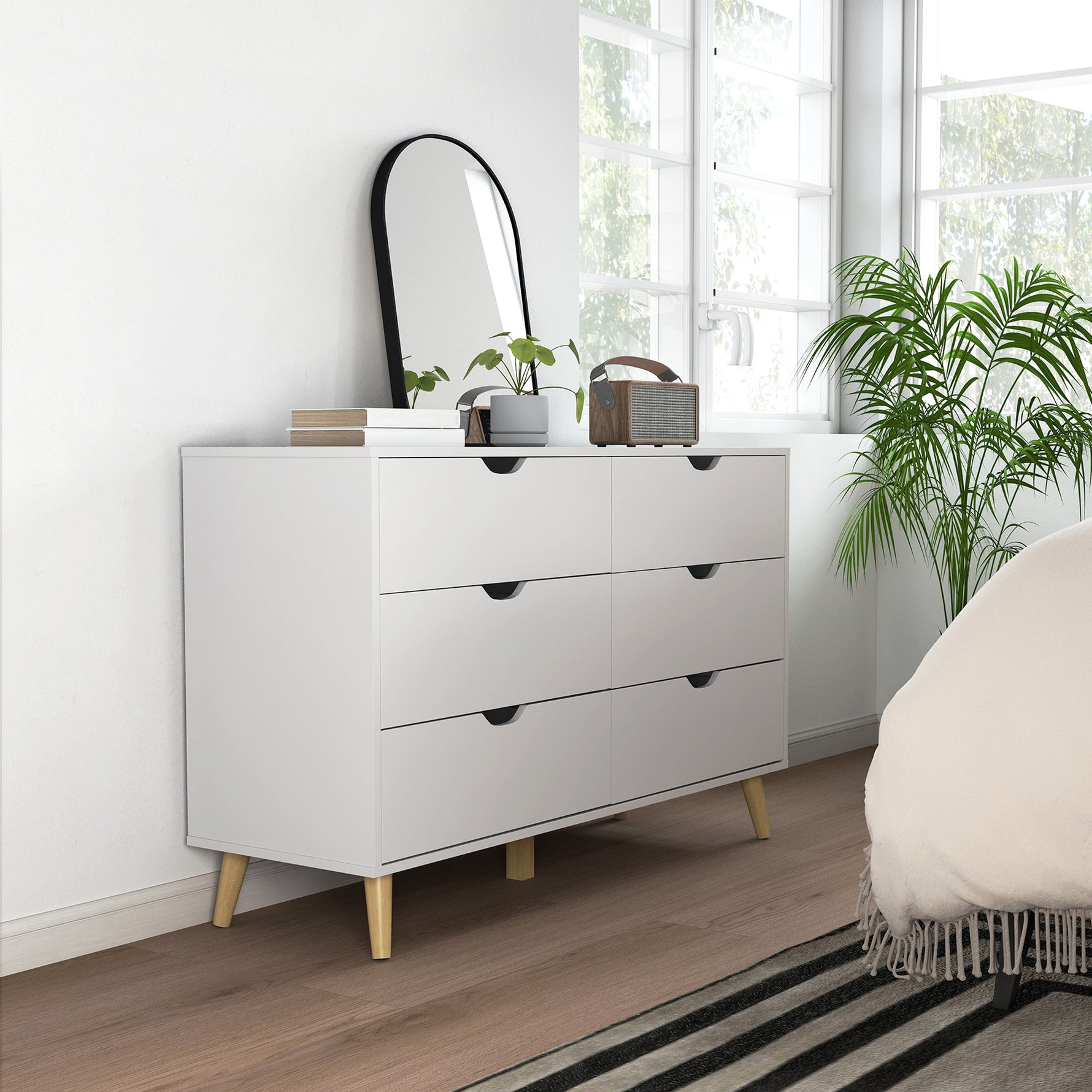 Commode 6 tiroirs meuble de rangement 5 pieds biseautés en bois  120 x 40 x 76 cm blanc