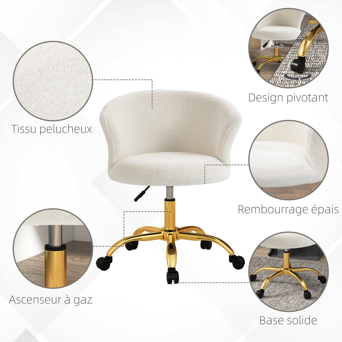 Chaise de bureau fauteuil de bureau ergonomique réglable en hauteur siège confortable pivotante piètement acier blanc