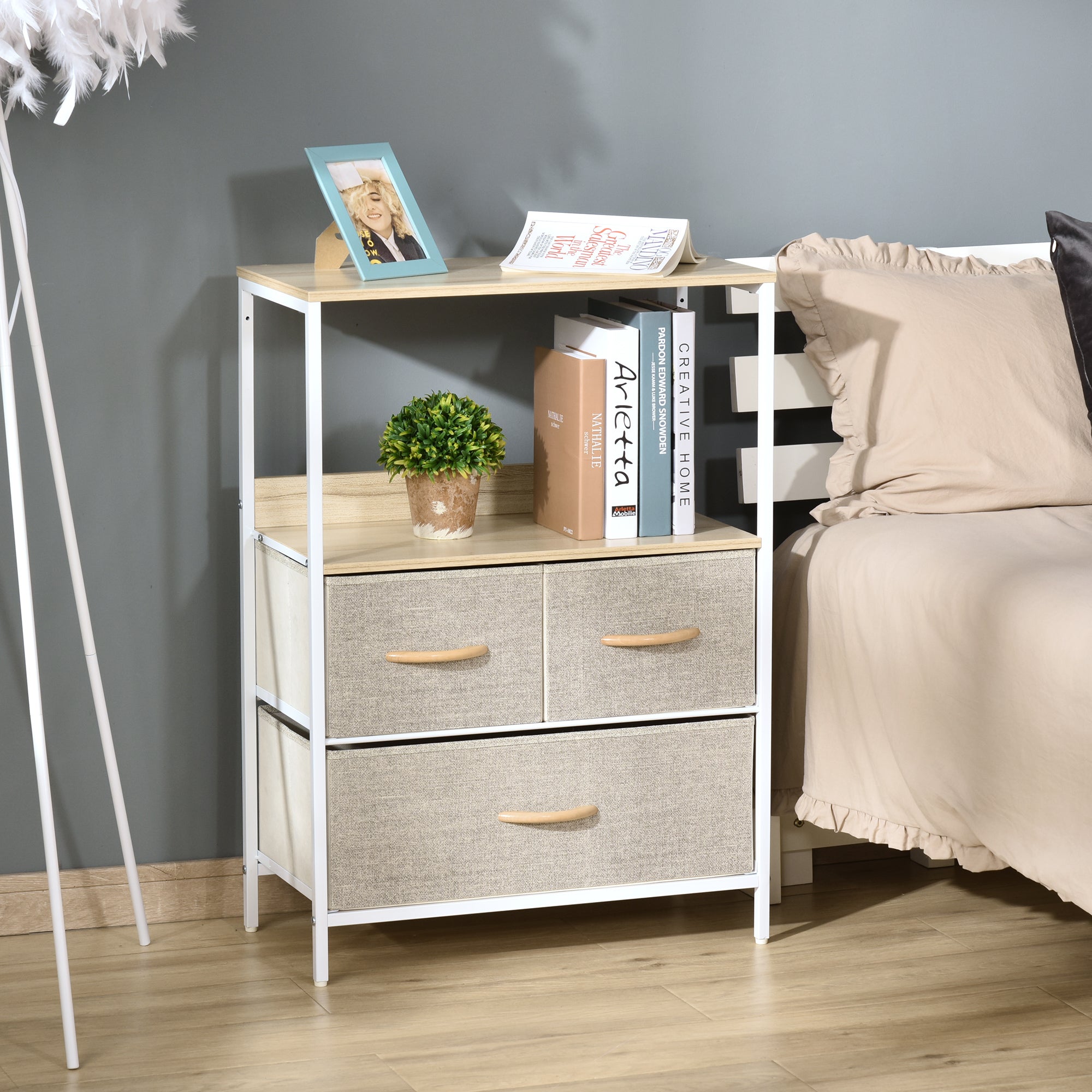 Kommode Aufbewahrungsmöbel mit 3 Stoffschubladen, Regal und Ablagefläche, 58B x 29T x 81,5H cm