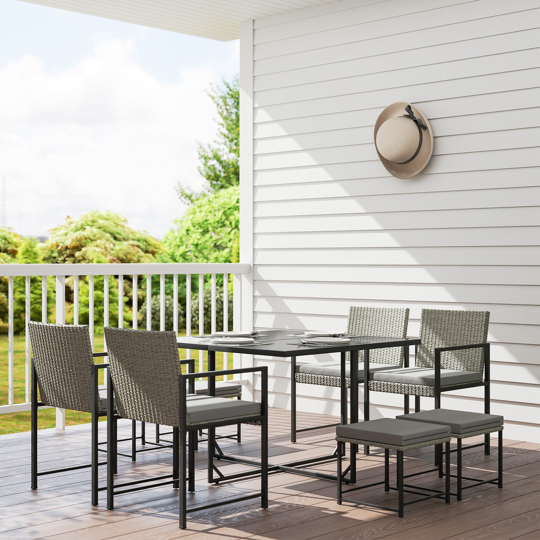 Salon de jardin extérieur en résine tressée 8 places avec coussins et plateau en verre trempé, gris