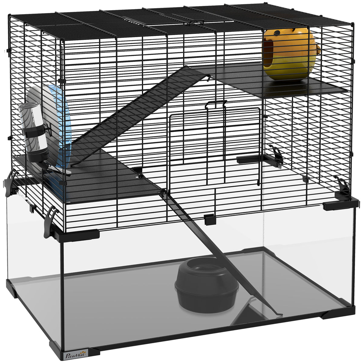 Cage hamster cage rongeur 3 niveaux avec roue rampes maisonnette abreuvoir mangeoire 60L x 40l x 54,5H cm noir