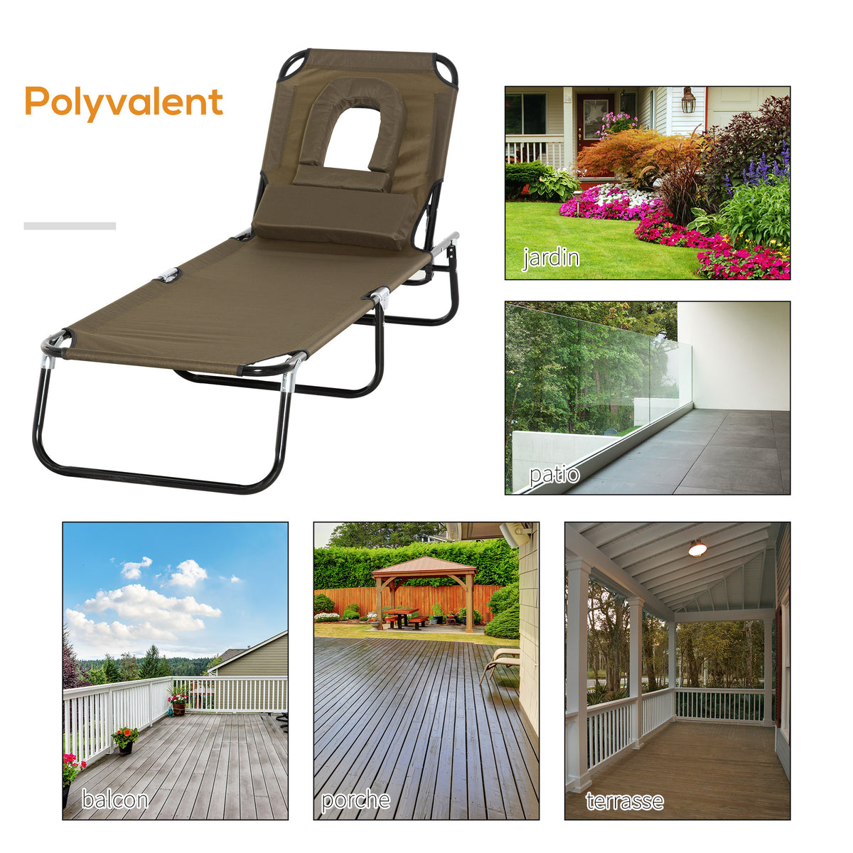Transat de Jardin Chaise Longue Pliante Bain de Soleil avec Appuie-tête, Trou de lecture et Dossier Inclinable, Marron