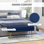 Banc banquette coffre de rangement 2 en 1 assise aspect velours et pieds acier - 100 x 37,5 x 42 cm bleu et doré