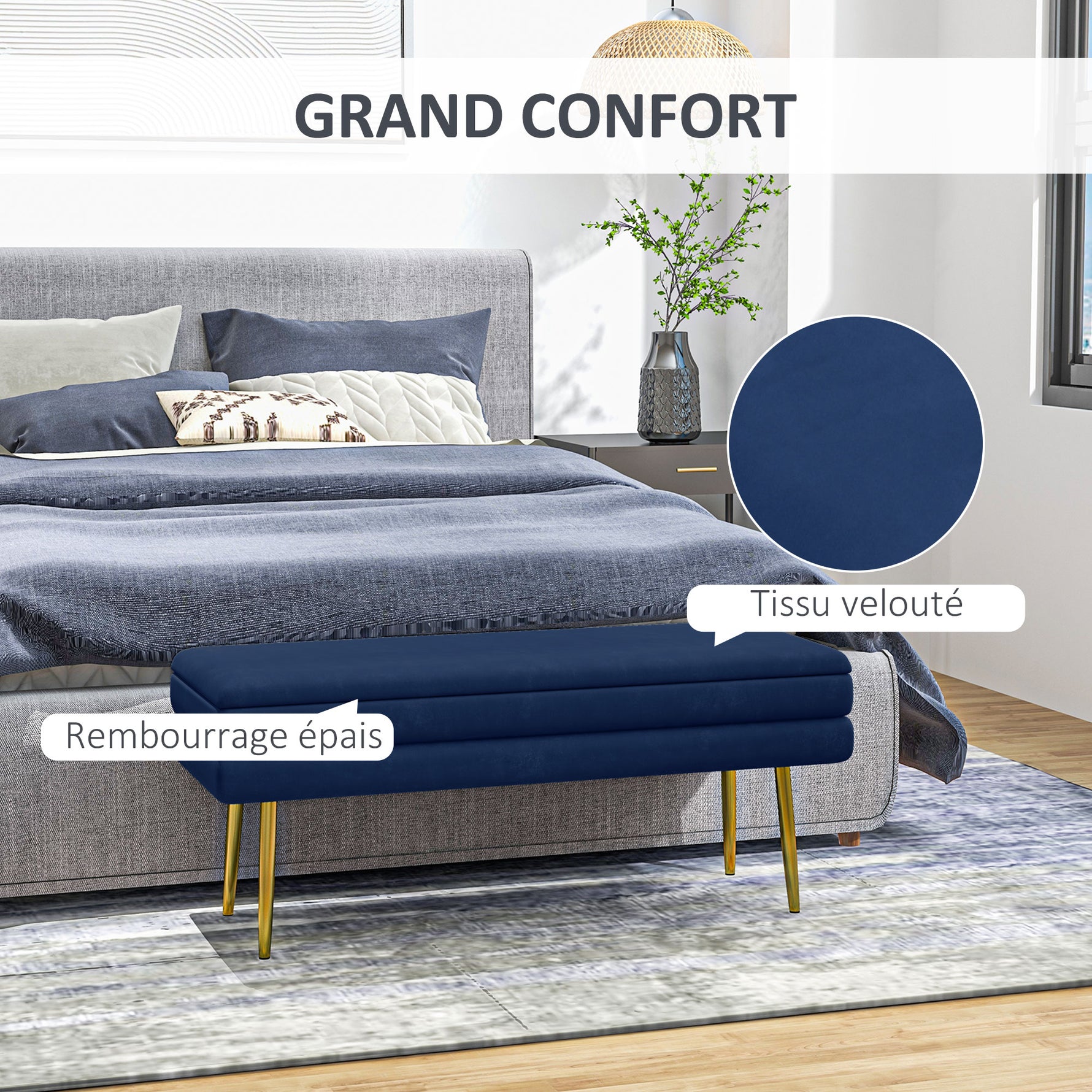 Banc banquette coffre de rangement 2 en 1 assise aspect velours et pieds acier - 100 x 37,5 x 42 cm bleu et doré